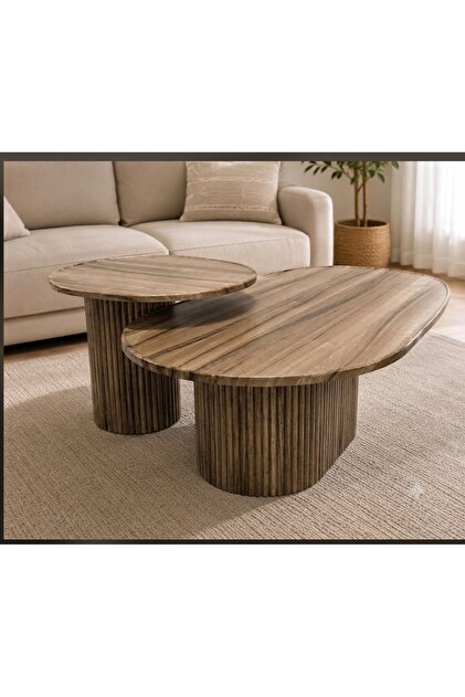 2’li Orta Sehpa Takımı Ahşap Görünümlü Fitilli Gövde Modern Oval Salon Sehpası 114x68 cm