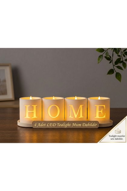 Dekoratif HOME Yazılı 4'lü Led Mumluk Seti - Sıcak Işıklı Ambiyans Gece Lambası ve Ev Hediyesi