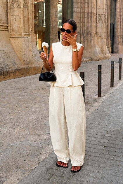 Jacquard sleeveless peplum blouse and wide leg pants set 10367