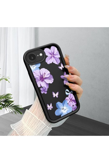 iPhone 16E Compatible Black Silicone Case Shockproof with Camera Protection Floral Pattern