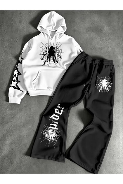 Unisex Men's and Women's Spider Printed Oversize 3 Thread Hooded Baggy Bottom Tracksuit Set