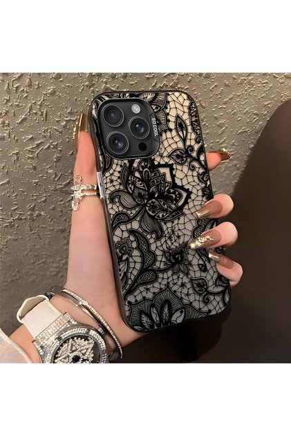 iPhone 16 Pro Uyumlu Dantel Çiçek Desenli Estetik Şık Koruyucu Telefon Kılıfı