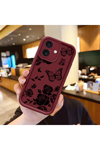 iPhone 16 Uyumlu Darbeye Dayanıklı Kamera Korumalı Bordo Silikon Baskı Desenli Kılıf