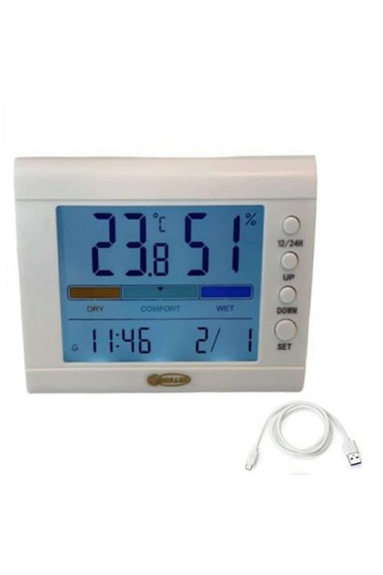 Termometru și higrometru profesional de cameră Muller ®️ baterie reîncărcabilă încorporată, stație meteo, ceas și alarmă, 11*9.5 cm, citire în 10 secunde și ecran iluminat, 2 moduri de montare, alb
