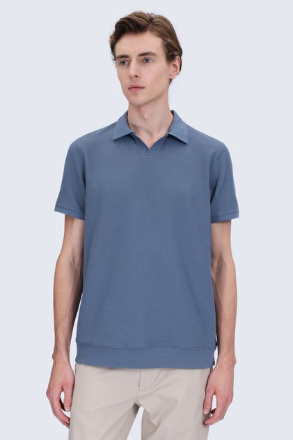 Indigo Regular Fit Polo Neck Cotton T-Shirt
