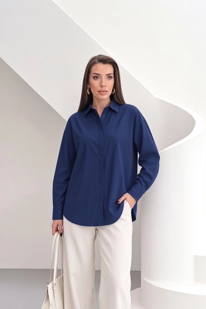 Women's navy blue hidden button long sleeve relaxed fit oversized shirt