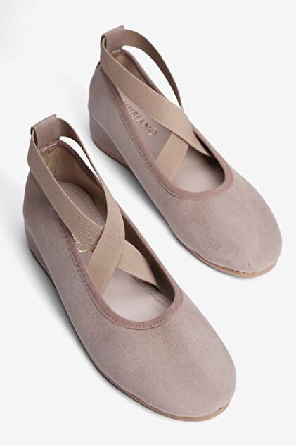 Women's Suede Ballerinas with Hidden Wedge Heels and Cross Elastic Bands in Lona Beige