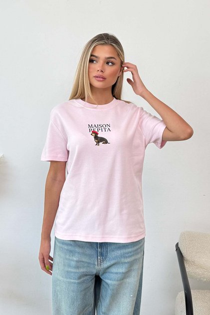 Women's Crew Neck Maison Dog Printed T-Shirt Pink - 26Y 4444
