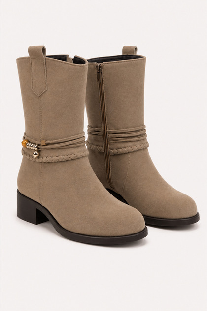 Avelona Damen-Tagesstiefel und -Stiefeletten aus Nerz-Wildleder mit Gürtel und Perlendetails