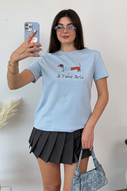 Women's crew neck dog print t-shirt blue - 26y 2222