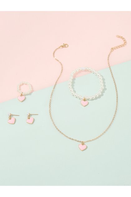 Girls Pink Heart Charm Necklace, bracelet, Ring and Earrings Set