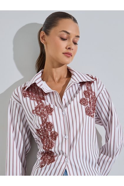 Multi-Color Striped Floral Lace Details Shirt