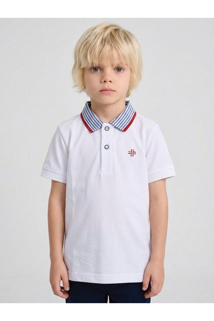 Boys White Striped Collar Regular Fit polo T-Shirt By Juniorloom