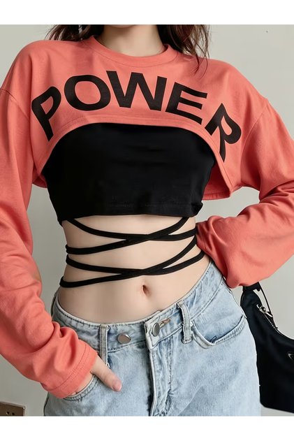Kadın Power Baskılı Bel İp Detaylı Rahat Kumaş Crop Sweatshirt ve Body