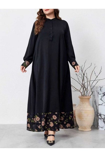 Plus Size Black Printed Hem Jalabiya