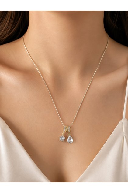 Steel Zircon Stone Star and Drop Charm Gold Necklace 45 cm – Elegant Women's Necklace