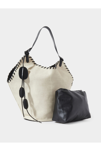 Black Stitch Detail Canvas Tote Bag with A Pouch