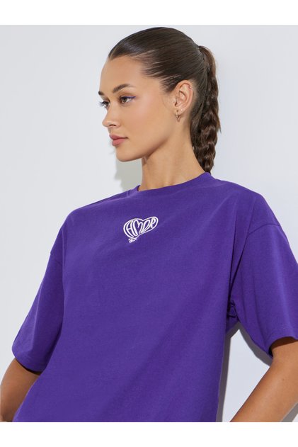 Purple Round Neck Embroidered Oversized T-Shirt