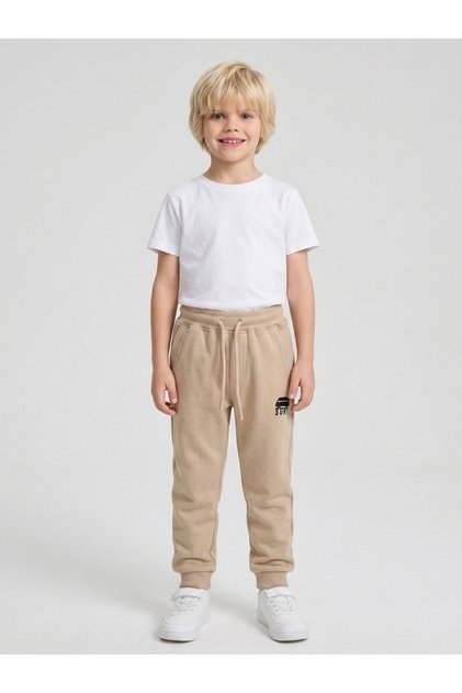 Boys Beige Graphic Print Cuffed Hem Drawstring Joggers By Juniorloom