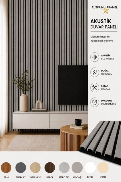 Akustik Duvar Paneli Çıtalı MDF Ahşap Ses Yalıtımlı Dekoratif Duvar Kaplama Slat Wall Panel Keçeli TV Arkası Dekor Kaplama 100x280 cm Retro Gümüş