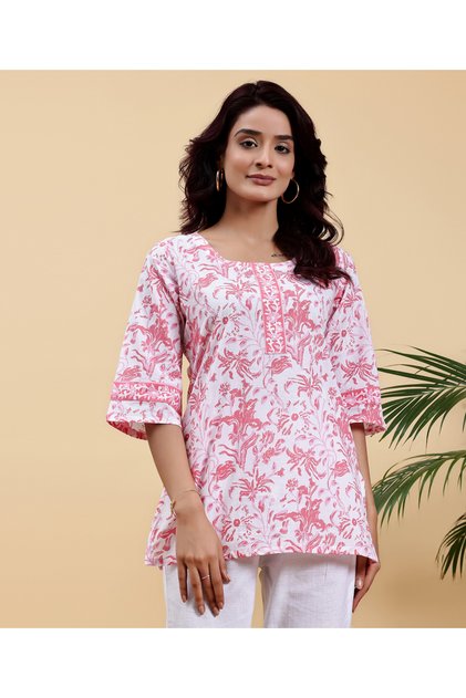 White Printed Cotton Straight Kurti
