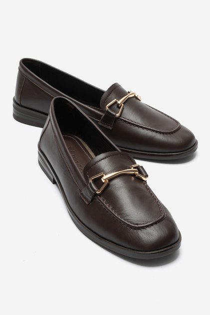 Genuine Leather Brown Women's Ballerinas with Buckle Detail Andy