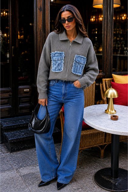 Women's Zippered Knitwear Sweater – Oversized Cardigan with Jean Pocket Detail