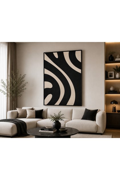 Siyah Krem Soyut Dalga Desenli Modern Dekoratif Duvar Tablosu