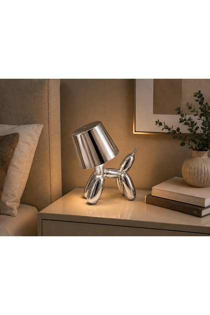 Silver Balloon Dog Led Table Lamp – Decorative Night Light – Modern Tabletop and Nightstand Lighting