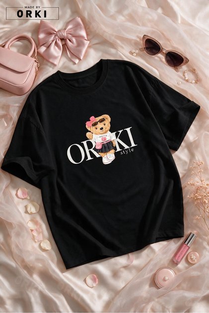 Teddy Bear with Glasses and Ribbon Printed Unisex Oversize Black T-Shirt - Crew Neck