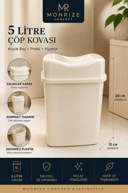 5 Litre Çöp Kovası Kapaklı Plastik Çöp Kutusu Mutfak Banyo Ofis Çöp Kovası Beyaz