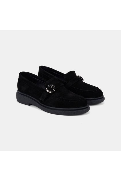 Women's Black Natural Stone Buckle Detailed Suede Loafer