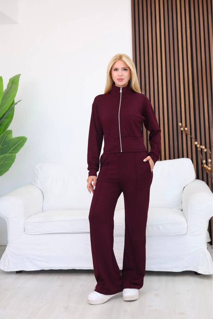 Women's Stand Collar Zippered Wide Leg Two-Piece Tracksuit Set