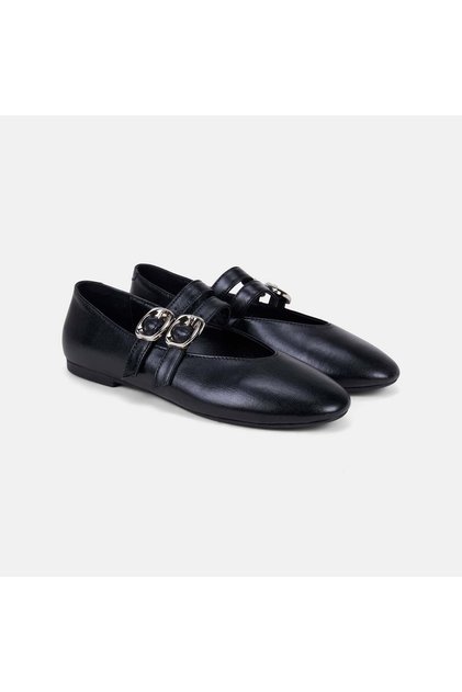 Women's Black Double Metal Buckle Mary Jane Leather Ballerinas