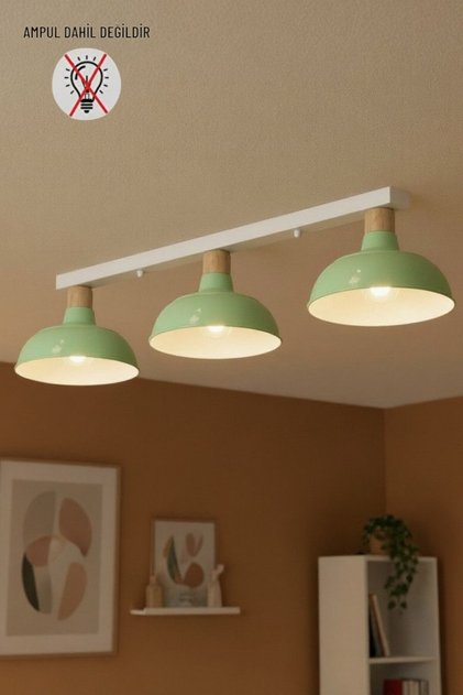 Veluna Mint Üçlü Plafonyer Kalın Ahşap Başlık Tekli Retro Restoran Salon Aydınlatma