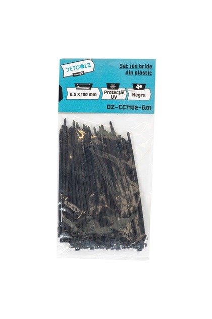 Set de 100 coliere de plastic 2.5x100mm, protecție UV, NEGRU