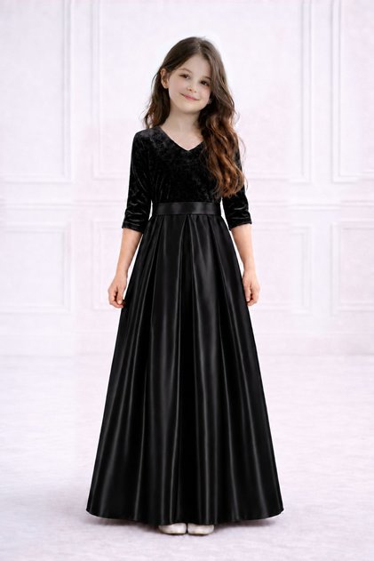 Girl's Half Sleeve Top Velvet Bottom Satin Graduation Dress