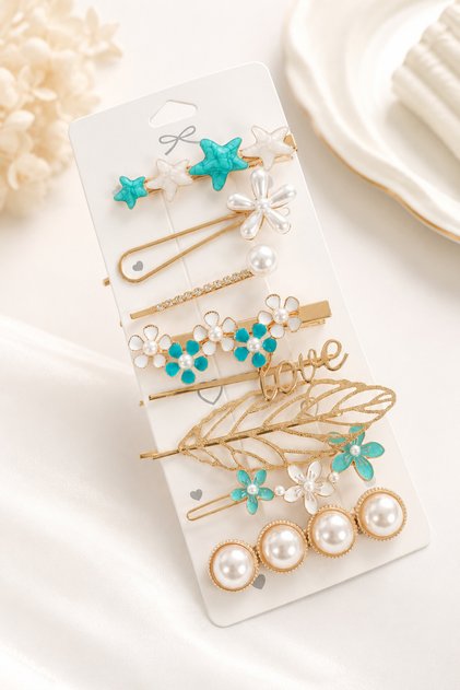 Women's Gold Detailed Multi Hairpin Set with Pearl Flower and Star Model