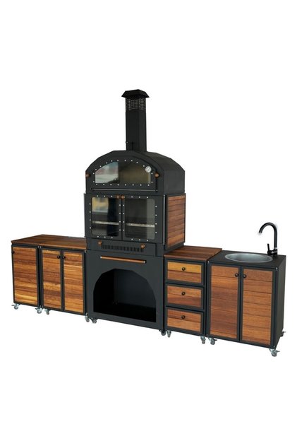 Lüks Tekerlekli Modüler Barbekü Seti - Fırınlı, Evyeli Ahşap Tezgahlı Modüler Mutfak