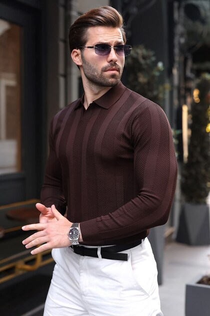 Brown Regular Fit Polo Collar Knitwear Men's Sweater E7509