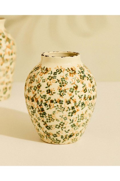 Beige Decal Ceramic Vase - 21.5 cm