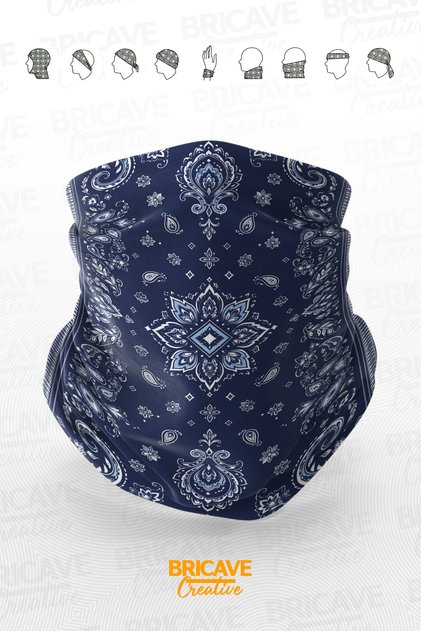Lacivert Beyaz Paisley Desenli Motosiklet Bandana Boyunluk Maske