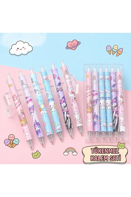 6-Piece Kawaii Kuromiii Cinnamorolll Melodii Patterned Ballpoint Pen Set Pressable Cute Pen School Stationery Office Business Gel Pen