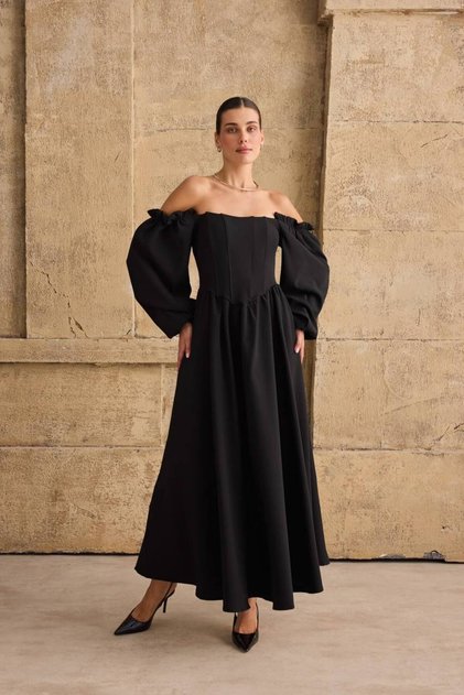 Women's Black Balloon Sleeve Maxi Dress