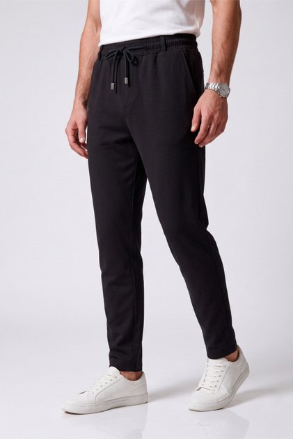Men's Black Trousers with Elastic Waist, Lycra, Non-Marking, Regular Fit, Casual, Lace-Up, Jogger Style
