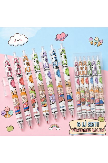 6-Piece Kawaii Cute Cat Labubuuu Patterned Ballpoint Pen Set Pressable Cute Pen School Stationery Office Business Gel Ballpoint Pen