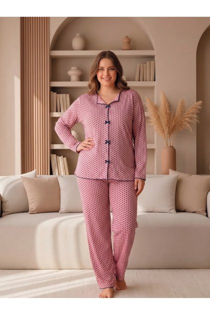 Battal Viscose Collared Bowknot Long Sleeve Pajama Set