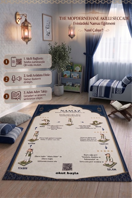 Namaz Öğreten Seccade QR Kodlu Sesli Seccade Kaymaz Yumuşak Seccade 80x120 CM Süngerli Namazlık