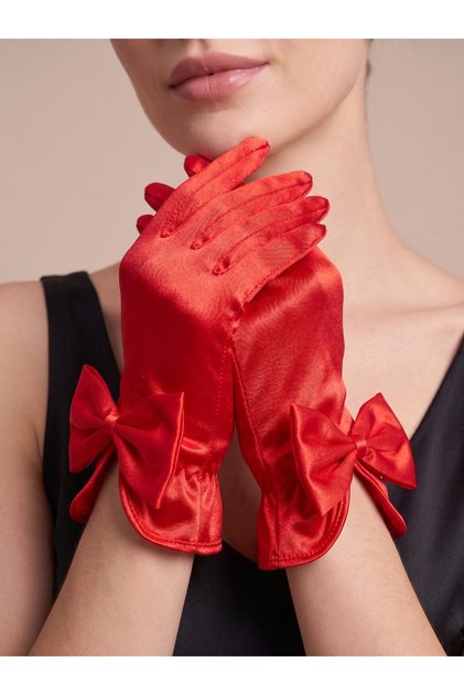 Red Big Bow Short Satin Women's Gloves – Accessory for Wedding, Engagement, Nikkah, Henna Night, Prom, Event, Party, Costume, Graduation, Bachelorette, and Photo Shoot