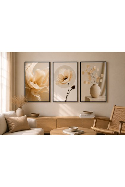 Framed Beige Poppy Flower and Vase 3-Piece Wall Painting Wall Decor for Living Room Living Bedroom Kitchen